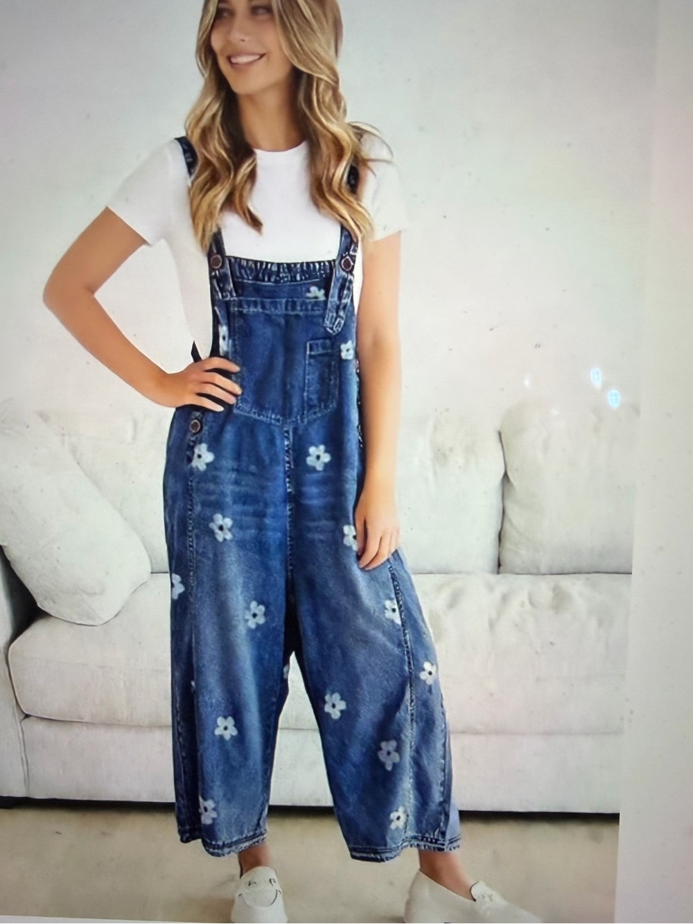 Baggy Floral Print Denim Bib Wide Leg Cropped Overalls - NWT Size L